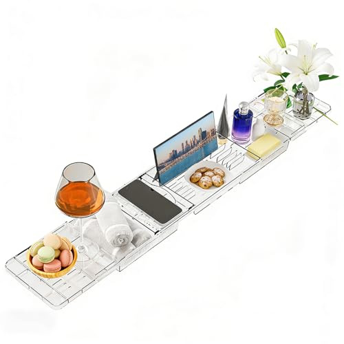 Elyyapt Bath Trays for Across The Baths, Bathtub Tray Caddy, Extendable Deep Calm Bath Caddy with iPad and Phone Holder, Baths Tub Rack Storage Organizer Shelf Adjustable Bathtub Table Board, Clear