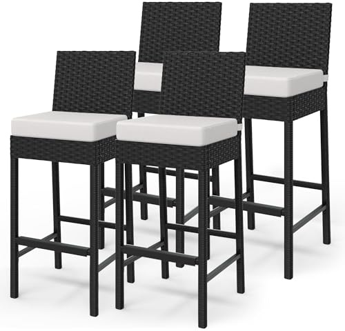 Garvee 4er-Set Barhocker aus Geflochtenem Rattan Für Den Außenbereich, Armlose Terrassenhocker und Barstühle aus Rattan, Barhocker in Barhöhe mit Weichem Sitzkissen