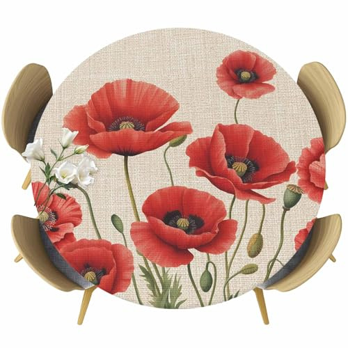 Liajuuhlgas Flowers Round Fitted Tablecloth with Elastic Edged, Red Opium Poppy Flowers Vintage Linen Waterproof Table Cover for Dinner Outdoor Picnic Fits Round Tables up to 36- 44 Diameter