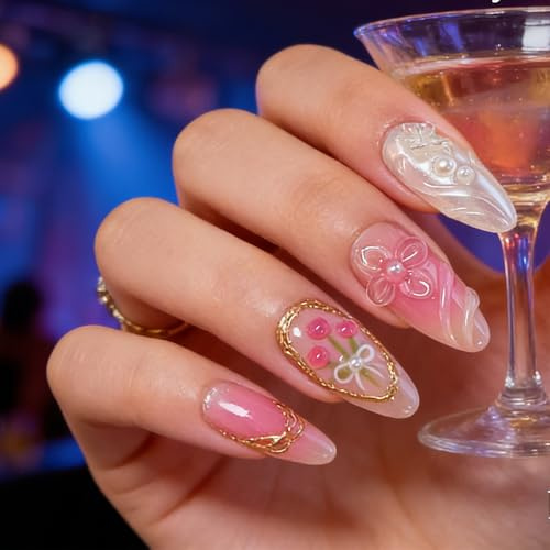 Tastetreasure 30 pezzi Mandorle Press on Nails con fiori 3D e farfalle dorate, stile dolce unghie artificiali, set con colla gelatina, lima per unghie e bastoncini di legno per donna fai da te