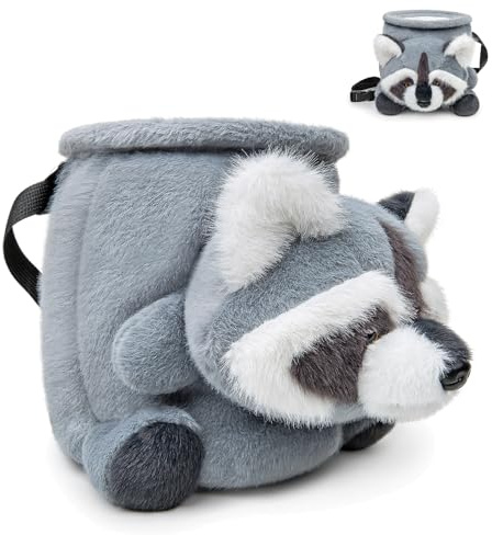 Lustige graue Waschbär-Kreide-Tasche, weiche Strick-Kreide-Tasche mit Kordelzug und verstellbarem Gürtel, passend für Bouldern, Gymnastik und Outdoor-Aktivitäten für Kletterer