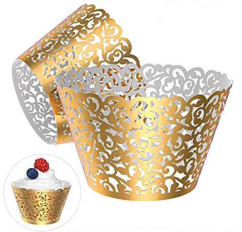 Gospire, filigrane Spitzen-Hochzeits-Cupcake-Dekoration, zum Backen, als Kuchen-Umrandung, Party-Dekoration, lasergeschnitten, 50 Stück Bright Gold