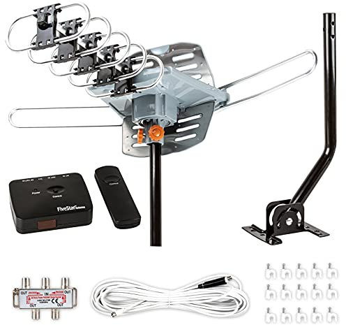 Five Star HDTV Antenna Digital Outdoor Antenna,150 Miles Range, 360 Degree Rotation Wireless Remote-Snap-On Installation Support 5 TVs, with Installation kit and Mounting Pole