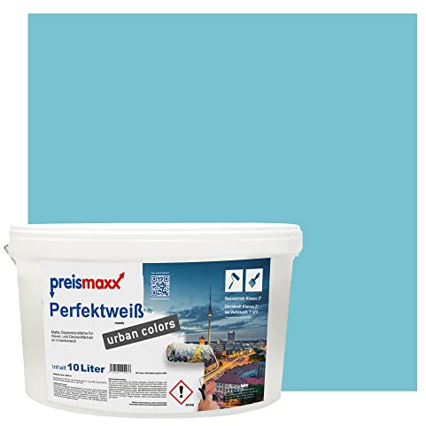 Preismaxx Perfektweiß urban colors, bunte Wandfarbe, blau, karibikblau, caribbean blue 10L, Innenfarbe, hohe Deckkraft Klasse 2, matt