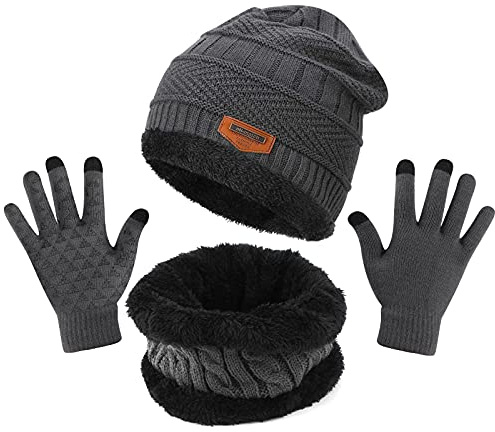 TAGVO Sciarpa per Cappello Invernale Berretto, Guanti Touch Screen 3 in 1 Kit di Accessori Caldi, Interna in Pile, Berretto a Maglia Elastica Scaldacollo e Guanti, Adatti per Donne Uomini Adulti