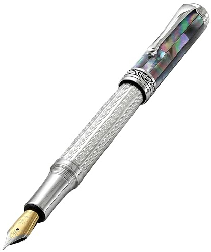Xezo Maestro stylo plume, plume fine. Argent massif 925 avec incrustation de nacre noire. Pièces plaquées platine. Fabriqué à la main, édition limitée, numéroté
