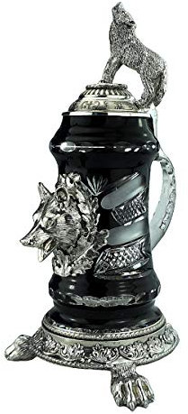 KING Boccale di birra in cristallo, boccale di birra da 0,5 litri, nero, con lupo, piede in peltro su zampe di lupo e coperchio di lupo