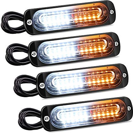 YnGia 4PCS 4D lumières flash stroboscopiques, 12 LED d'avertissement de danger d'urgence lumière clignotante étanche ambre et blanc barre lumineuse de panne 12V 24V pour remorque de camion de voiture