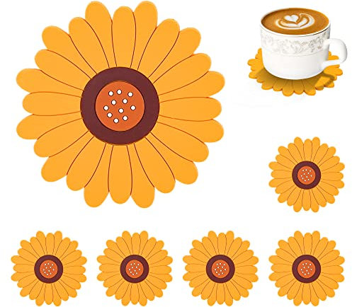 Conisy Fleur Série Dessous de Verre en Silicone, Lot de 6 Mignonnes Antidérapants Lavable sous Verre (Motif de Tournesol Jaune)
