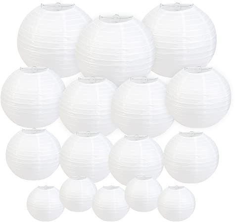 HONMOK Pack of 16 Paper Lanterns, White Paper Lanterns, Hanging Paper Lanterns, Lanterns, Round Lampshade, Party Decoration for Wedding, Party, Christening, Birthday Decoration