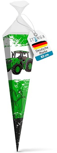 itenga Motiv Schultüte 85cm für Jungen – eckig mit Tüllverschluss – stabile Zuckertüte - Motiv, z. B. Dinosaurier, Traktor, Rennauto, Feuerwehr, Polizei, Fußball (Traktor)