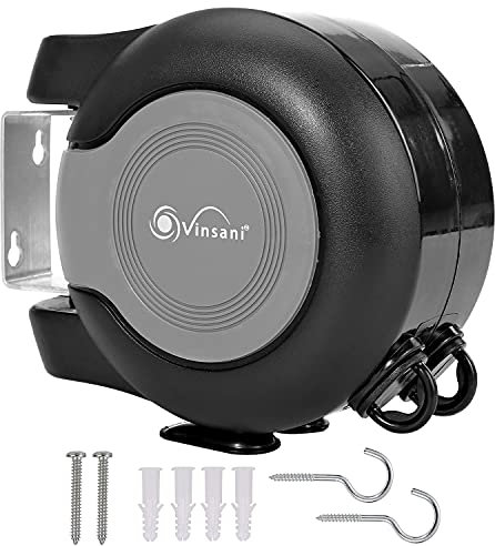 Vinsani 30 metre Retractable Reel Clothes Lines Washing Line with Twin Cable - Wall Mounted Heavy Duty Clothes Dryer 2 x 15m Lines of Drying Space Outdoor, Black