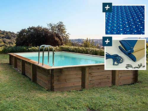 Habitat et Jardin Kit de Piscina de Madera Sunrise - 8,20 x 5,20 x 1,44 m + Cubierta de Burbujas 400 µ - Cubierta de Invierno 280 g/m².