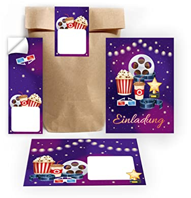 Junapack 12 Einladungskarten zum Kindergeburtstag Kino Einladungen für Geburtstag Mädchen Jungen Cinema Kino-Party incl. 12 Umschläge, 12 Tüten/natur, 12 Aufkleber