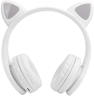 Cat Ear Headphones- Wireless Bluetooth Cat Ear Headphones with Microphone, LED Noise Reduction Cat Gaming Headset for Young People (White)