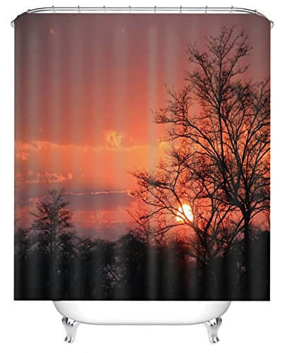 Stfery Duschvorhang Orange, Duschvorhang Textil Waschbar Schwarz Sonnenuntergangslandschaft 150x180 Polyester Bad Vorhang Badezimmer Deko