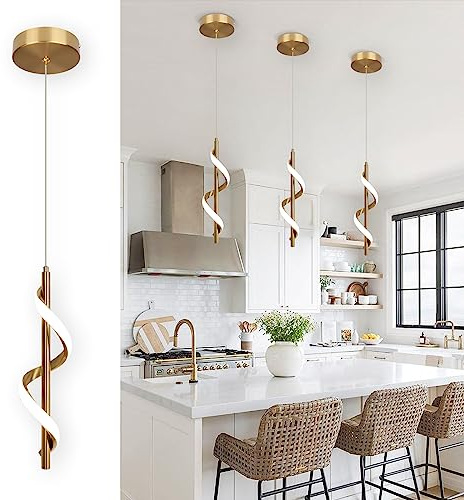 CANEOE Gold Pendant Light, Spiral Modern Led Pendant Lighting for Kitchen Island, 5500K Brushed Brass Ceiling Hanging Light Fixture for Dining Room Bedroom Sink Table Small Pendant Lights
