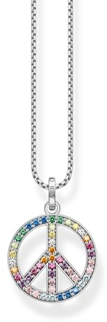 THOMAS SABO Kette mit Anhänger Peace-Zeichen mit bunten Steinen Silber geschwärzt 925 Sterlingsilber, Geschwärzt
