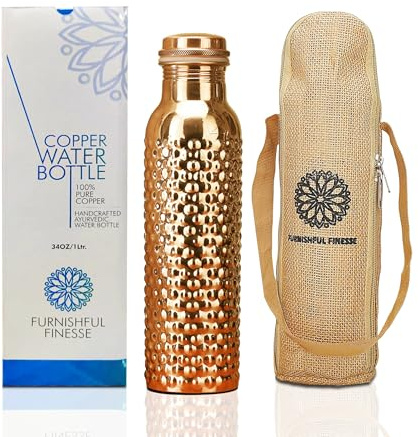 34 Oz Pure Copper Water Bottle With Ayurvedic Benefits Copper Bottle With Bag For Drinking Drink Leak Proof Lid Large Handcrafted Copper Water Vessel For Travel Gym Office Hiking Outdoor Yoga