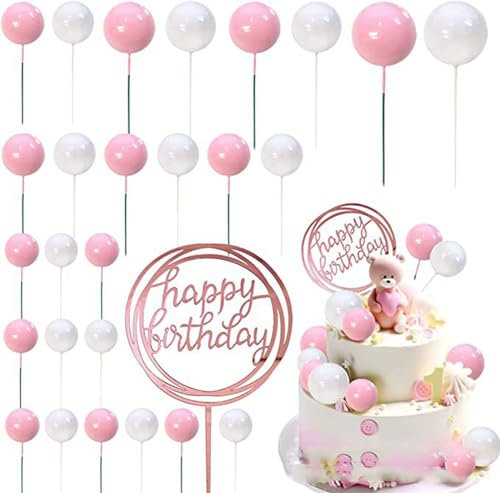 PMELCXD 27 Piezas de Adorno de Pastel con Bolas de Mousse de Color Rosa y Blanco,Mini Adorno para Pastel con Globos, Bolas para Magdalenas, para Fiesta de Cumpleaños de Shower