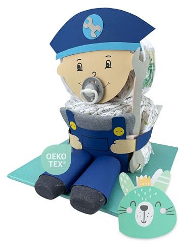 Windeltorte ® Mechaniker & Handwerker [HELDEN im Alltag] - Jungen & Mädchen - Neutral Unisex - Geschenk zur Geburt - Babyparty - Baby - Babyshower - Pullerparty - Babyartikel - Spucktuch