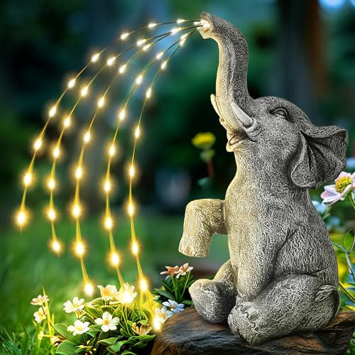 GIGALUMI Estatua de Elefante Mejorada, Decoración de Jardín, Figura de Elefante con Luces LED Solares, Efecto de Riego Real, Regalos para Mamá, Mujeres