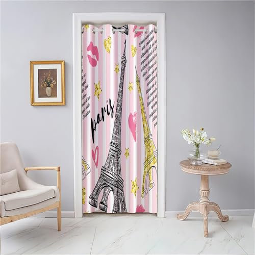 Odot Türvorhang mit Ösen, Retro Paris Eiffelturm Druck Blackout Verdunkelung Thermo Gardinen, Raumteiler Vorhang für Fenster Tür Schlafzimmer Schrank, Haus Dekoration (130x200cm,Rosa Streifen)