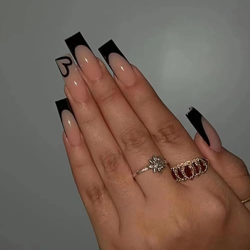 Kaiperala 24pcs French False Nails Black Tip Square Press on Nails Removable Glue-on Nails Full Cover Fake Nails Women Girls Nail Art Accessories