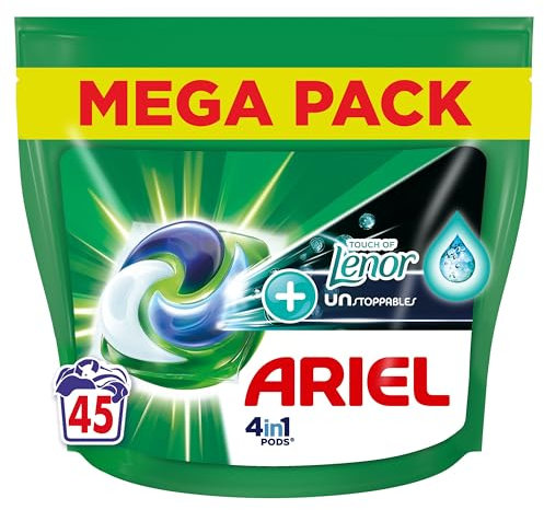 Ariel 4in1 PODS, Waschmittelkapseln 45 Waschungen, Touch Van Lenor Unstoppables, lang anhaltende Frische bis zu einer Woche