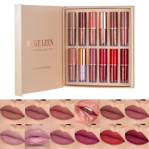 Set de 12 couleurs de rouge à lèvres liquide mat, brillant à lèvres imperméable et de longue durée, coupe non collante, set de rouge à lèvres rouge - Cadeaux pour femmes
