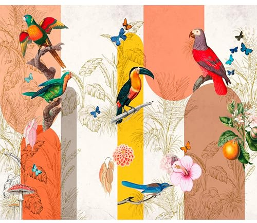 murando - Vlies Fototapete Vintage Dschungel 350x256cmVlies Tapeten Wandtapete XXL Wanddeko Mustertapete Design Wand Dekoration Vliestapete Büro Flur Papagei Tropical Palmenblätter Helle b-C-10378-a-a