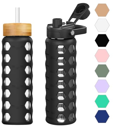 HYDRAGLAZIC 700ML Glaswasserflasche mit 2 Deckel Flip und Bambusstroh Deckel Sport Wasserbecher mit Zeiterinnerung und Silikonhülle Auslaufsicher BPA-frei, Schwarz