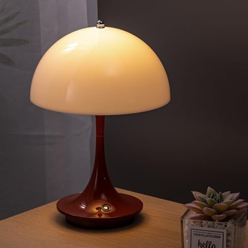 LED Tischlampe Kabellos Akku Pilz Lampe Tischleuchte USB Aufladbar mit Touch Dimmbare 3 Helligkeitsmodi Dekoratives Mushroom Lamp Acryl Lampenschirm Nachttischlampe für Bett Schreibtisch BüRo,Rot