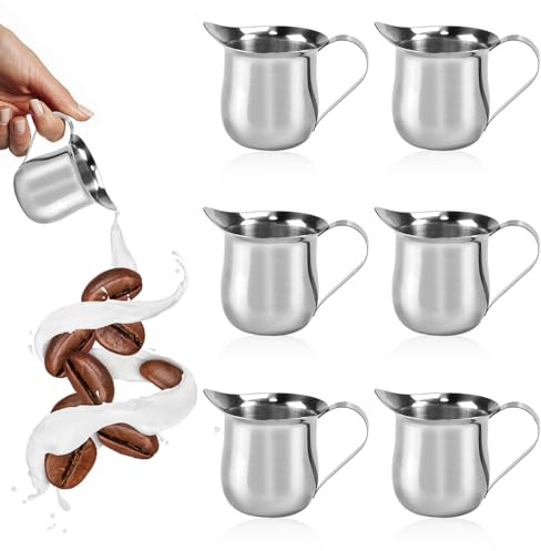 SLTAXAR Set of 6 Milk Jugs Stainless Steel 150 ml Small Milk Jug Espresso Jug 5 oz Frothing Jug Small Espresso Jug 150 ml for Milk Frothing Milk Pitcher Small for Cappuccino Latte Art