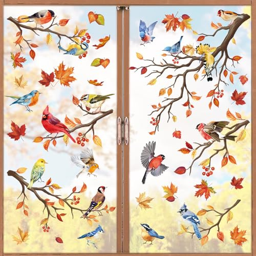 wondever Fensterbilder Vögel Herbst Blätter Baum Zweige Fenstersticker | Abziehen und Aufkleben, Abziehbar, Wandaufkleber Selbstklebend für Kinderzimmer Babyzimmer Schlafzimmer Wanddeko