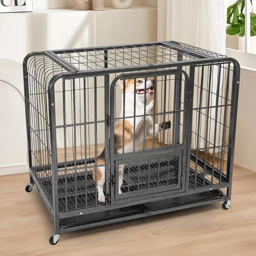 Hundekäfig für Zuhause XXL Hochbelastbar, Hundegitterbox 108.5 x 73.5 x 94cm für Mittelgroße und Große Hunde, Abnehmbares Reinigungstablett mit Abschließbaren Rädern