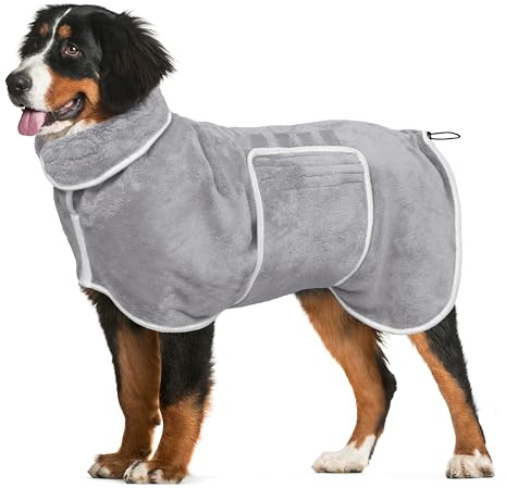 Hunde-Bademantel, Handtuch, Trockenmantel – super saugfähige Hundehandtücher, Bademantel zum Trocknen von Hunden, groß, weich, verstellbares Halsband und Bauchgurt, schnell trocknend, Mantel,