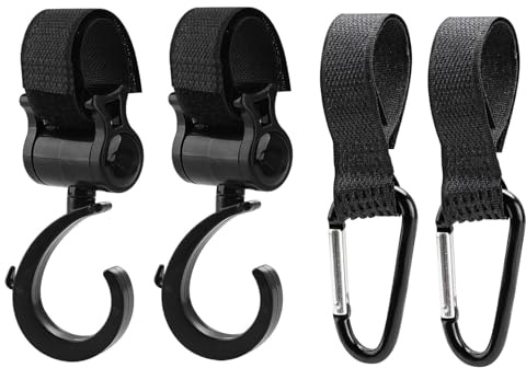 Gancho Carro Bebe, 4 Piezas Ganchos Carrito Bebé Universal, Accesorios carro bebe,ganchos para carro bebe,Compatible con Cochecitos, Ideal para Colgar Bolsas de Compras y Accesorios (Color Negro)