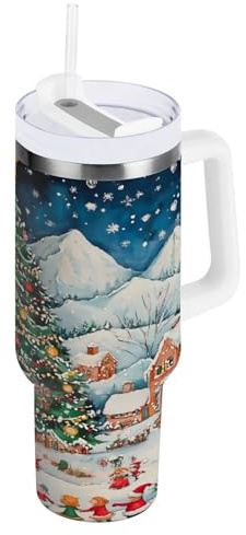 JUMBEAR Bicchiere con albero di Natale da 1,18 l, con manico e coperchio con cannuccia, isolante, riutilizzabile, in acciaio inox, da viaggio, tazza da caffè ghiacciato