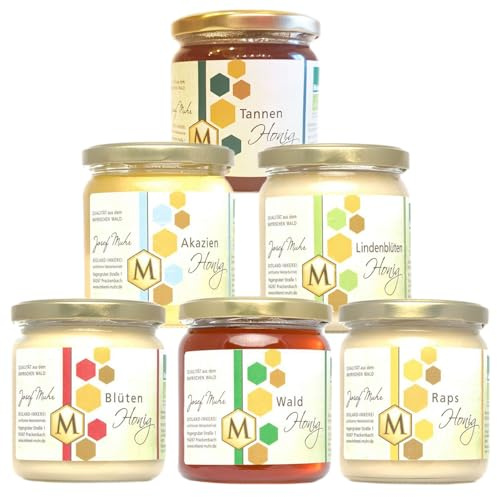 Josef Muhr Bio Honig 6 x 500 g direkt vom Imker - unsere Beliebtesten Bio Honige - Wald, Blüten, Raps, Lindenblüten, Akazien und Tannen - aromatisch - naturbelassen - Geschenk-Set im Glas