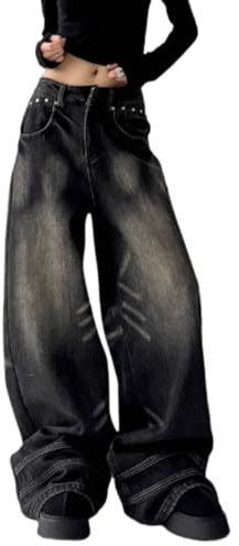 Chmnigma Y2k Baggy-Jeans für Damen und Herren, niedrige Leibhöhe, gerades Bein, Denim-Hose, Vintage, Grunge, Gothic-Kleidung, Schwarz5, M