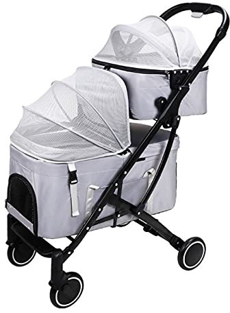 Doppellagiger Hundebuggy mit Taschenaufbewahrung, Hundebuggys für kleine Hunde, Katzenbuggys für 2 Katzen, abnehmbarer 2-lagiger Haustierbuggy, Nettogewicht 7,8 kg (Farbe: A)