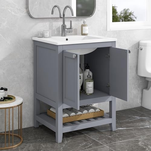 A ALFRESCOOL Mobile da bagno singolo con base 60 cm con lavabo in ceramica, grigio chiaro