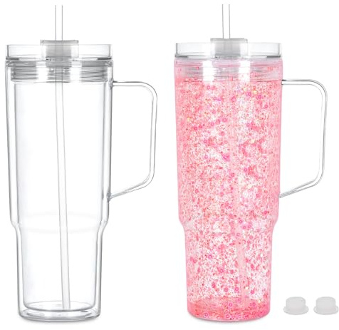Maucircol Acryl-Schneekugelbecher mit Griff, vorgebohrt, doppelwandig, Acryl, transparent, für Glitzer-Schneekugel, DIY, 1,2 l, 2 Stück