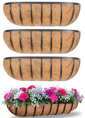 Lykvrii 4Pcs Large Wall Trough Rail Planters 30/76cm, Heavy Duty Metal Planter Box with Coconut Coir replacement, Gardening Kit for Window Box Porch Balcony & Outdoor Fences