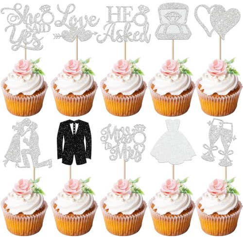 30 Pack He Asked She Said Yes Cupcake Toppers Gold Glitter I Do Love Heart Ring Miss To Mrs Cupcake Picks Bridal Shower Cake Decorations for Wedding Engagement Bachelorette Party Supplies Silver