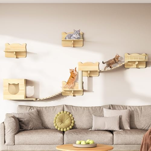 YITAHOME Kletterwand Katzen Set aus Holz, 5-Teiliges Stabiler Katzenmöbel mit Katzenhaus, Katzenbett, Plattform, Sisalsäule, Katzenhängebrücke, für Katze Schlafen Spielen Lounging