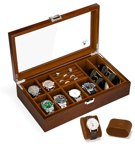 Slege Caja Relojes de Madera,con 6 Compartimentos,Joyero Organizador de Relojes,Caja de Reloj y Gafas de Sol,Expositor Gafas,Cubierta de Vidrio,para Anillo,Pendientes,Gemelos,Regalos Hombre