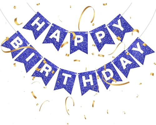 Cartel de feliz cumpleaños con purpurina azul y lámina dorada, elegante pancarta de decoración de fiesta, guirnalda de banderines y letrero de fondo para fiestas de cumpleaños, decoración colgante de
