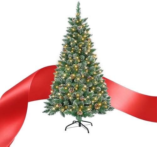 Suusolny 210CM Künstliche Weihnachtsbäume - Mit Schnee-Effekt & LED Beleuchtung & Kiefernzapfen,PVC Weihnachtsbaum mit Metallständer– Segmentmontage -Tannenförmiger Weihnachtsbaum Weihnachts Deko